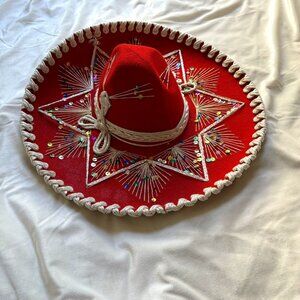 Red Mexican Charro Mariachi‎ Hat Sombrero White Color Trim Adult Costume Vintage